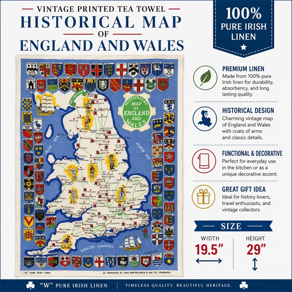 Vtg Pure Irish Linen Tea Towel Historical Map of England and Wales LG Bullock